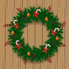 Fototapeta na wymiar Christmas wreath made of pine branches decorated with red berries, balls and candy canes. Vector illustration on wood background.