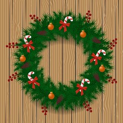 Christmas wreath made of pine branches decorated with red berries, balls and candy canes. Vector illustration on wood background.