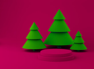 New year podium stage for product placement, minimal christmas trees on colorful background. 3d illustration