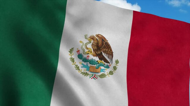 Mexico flag on a flagpole waving in the wind, blue sky background. 4K