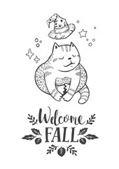 Welcome fall card with cute cat, vector illustration