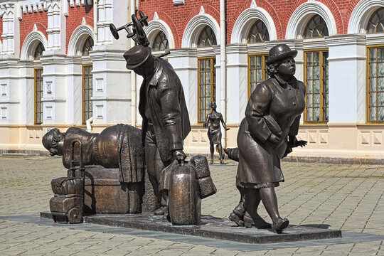 Yekaterinburg, Russia. Monument to passengers in front of the Old railway station building.