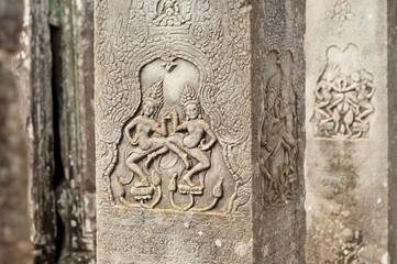Fototapeta na wymiar Sacred dancers detail at Bayon Temple in Cambodia