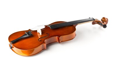 Brown wooden fiddle or violin, classic musical instrument, on white background