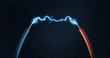 Foto op Plexiglas conceptual energy electric spark between two cables © BORIS