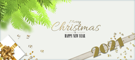 Fototapeta na wymiar Christmas new year design. Abstract realistic Xmas gift box with bow, gold digit 2021, Xmas fir, text Merry Christmas Happy New Year on white background. Horizontal 3D illustration