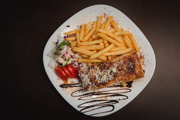roast meat with cheese and salad on a plate and salad on a plate