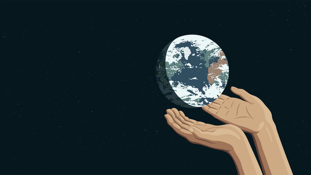 Detailed flat vector illustration of two hands holding the Earth.