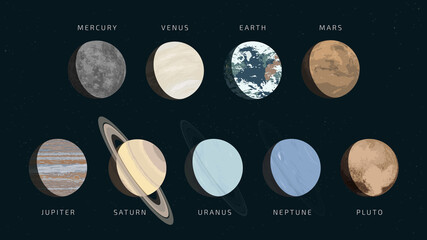 Detailed flat vector illustration of the nine planets in our solar system with realistic colors. The names of the planets are included. © David