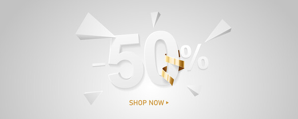 50 percent off discount sale background. White 3D number with percent sign and golden ribbon. Promotion template design.
 - obrazy, fototapety, plakaty