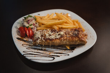 roast meat with cheese and salad on a plate and salad on a plate
