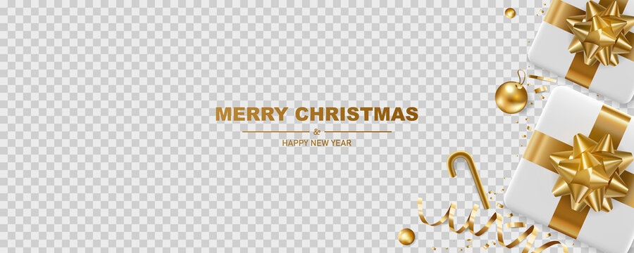 Christmas background. Merry Christmas and happy new year. White gift box with gold self adhesive bow and confetti, isolated on transparent background.
