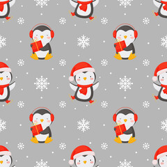 seamless christmas background with cute penguins and snowflakes.