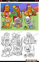 cartoon kittens group on Christmas time coloring book page