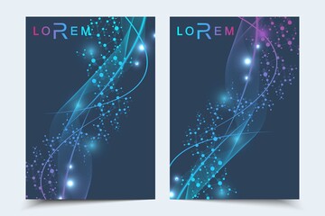 Scientific brochure design template. Vector flyer layout, Molecular structure with connected lines and dots. Scientific pattern atom DNA with elements for magazine, leaflet, cover, poster design.