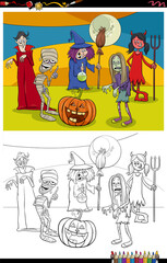 cartoon Halloween characters group coloring book page