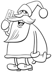 Santa Claus Christmas character with smart phone coloring book page