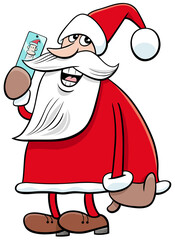 cartoon Santa Claus Christmas character with smart phone
