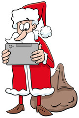 cartoon Santa Claus Christmas character with tablet pc