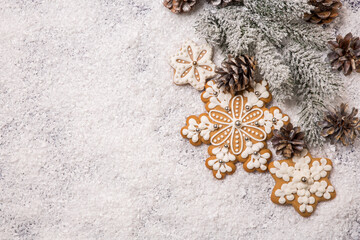 Christmas background, spruce branch with cones and gingerbread cookies on a white snowy background. View from above. Idea, holiday concept.
