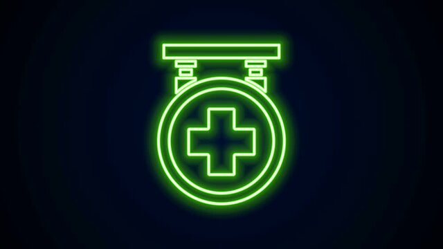 Glowing neon line Hospital signboard icon isolated on black background. 4K Video motion graphic animation.