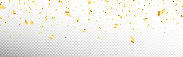 Gold confetti on transparent backdrop. Realistic falling tinsel. Luxury anniversary template. Flying decoration elements. Bright serpentine isolated. Vector illustration - obrazy, fototapety, plakaty