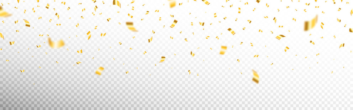 Gold confetti on transparent backdrop. Realistic falling tinsel. Luxury anniversary template. Flying decoration elements. Bright serpentine isolated. Vector illustration