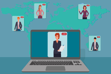 Global video conference.People communicate with each other from different parts of the world.The concept of a global digital network.Flat vector illustration.