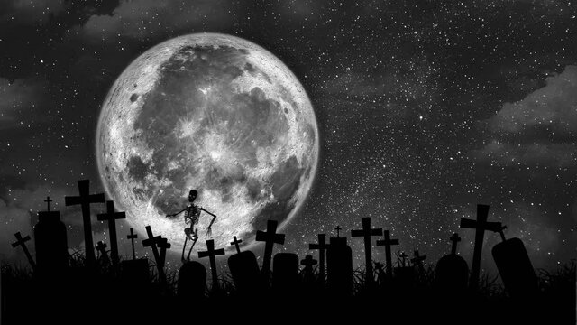Animated skeleton dancing in a cemetery under a Full moon. A 3D Illustration. The animation ends with a Halloween splash screen
