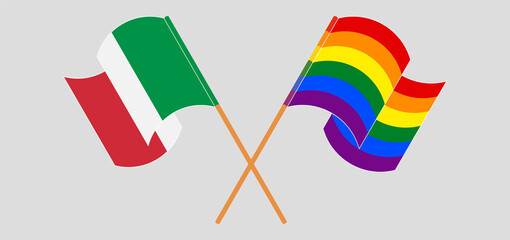 Crossed and waving flags of Italy and LGBTQ