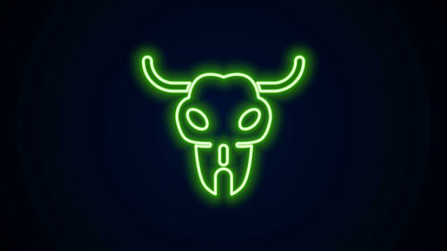 Glowing neon line Buffalo skull icon isolated on black background. 4K Video motion graphic animation.