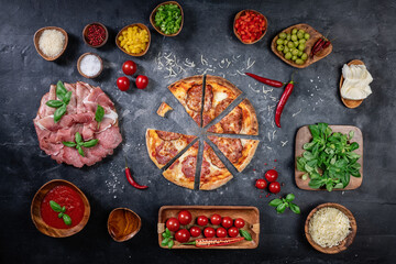 Handmade pizza on dark background