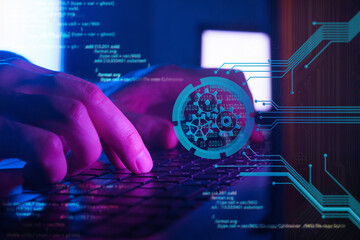 software developing, programming and coding technologies, programmer working in a software in dark...