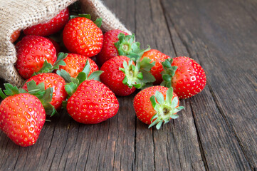 Fresh ripe harvested strawberries in burlap sack on wooden table, Garden summer fruit, strawberry, copy space ( Fragaria )