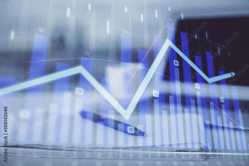 Poster double exposure of financial graph drawings and desk with open notebook background. concept of forex