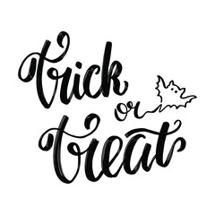 Trick or Treat lettering for Halloween day. Black letters and a silhouette of a bat for printing on T-shirts, postcards, invitations, congratulations on social networks.