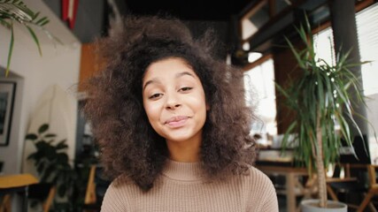 Black woman on video conference call, camera view, video chat, african american female chatting with friends, POV communication during coronavirus pandemic, remote work and learning - Powered by Adobe