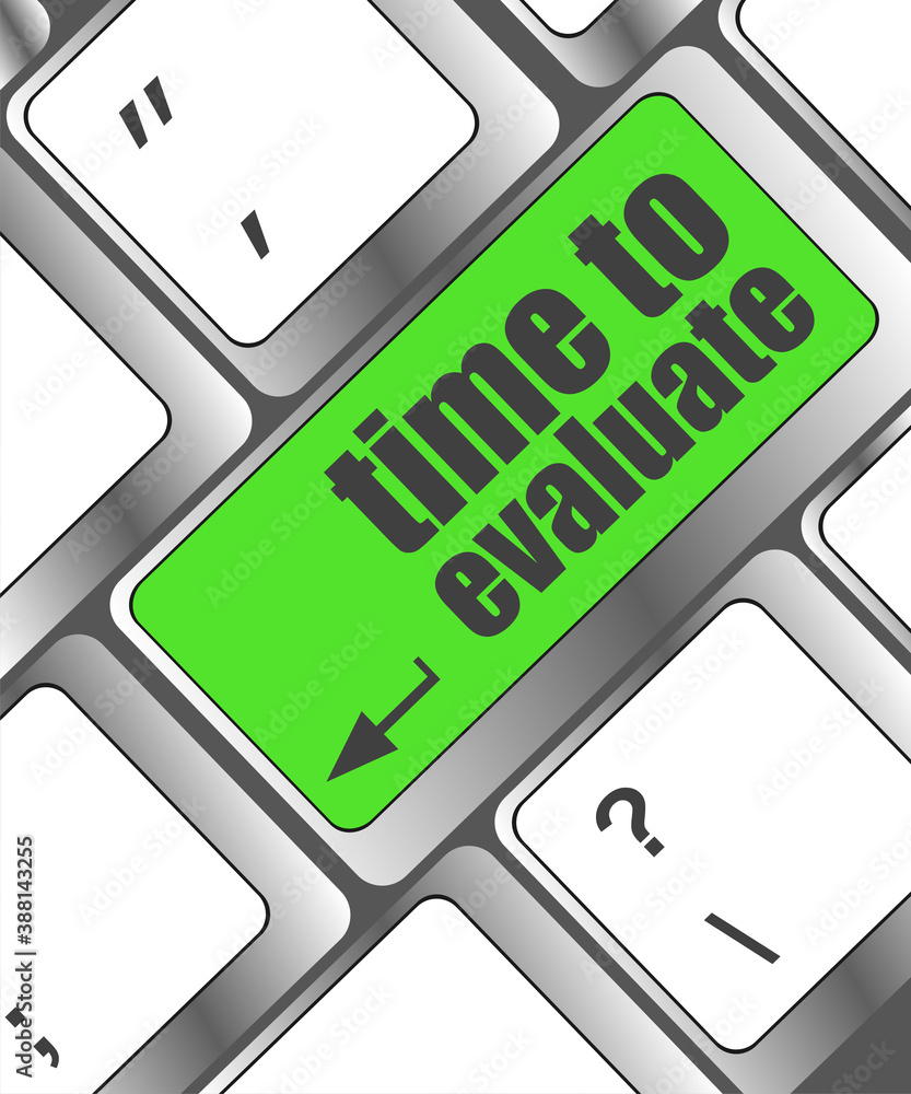Aufkleber time to evaluate word on computer keyboard - social network concept