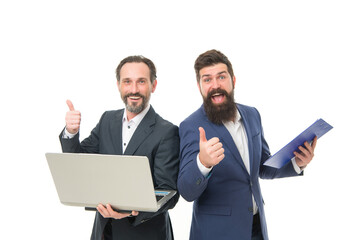 Man bearded manager show financial report laptop. Partnership. Software technologies for...