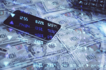 Double exposure of forex graph drawing over us dollars bill background. Concept of financial markets.