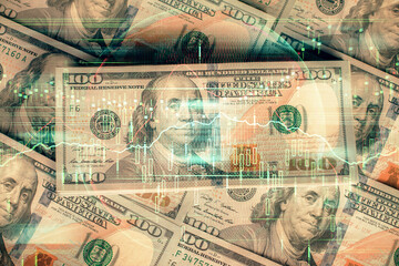 Multi exposure of forex chart drawing over us dollars bill background. Concept of financial success markets.