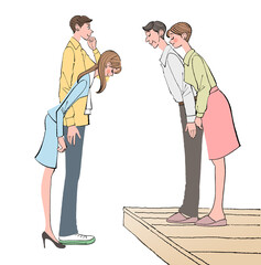 結婚相手の女の子を実家の両親のもとへ挨拶に連れて行く男性。結婚準備、カップルのイラスト。 The man who takes the girl of the marriage partner to the greetings with him to the parents of the parents' house. Marriage preparations, the illustration © akihisasawada