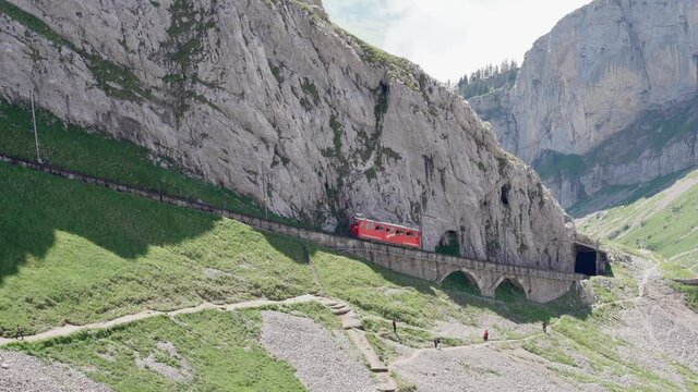 Steepest cogwheel railway in the world climbs up moutain. Luzern, Switzerland