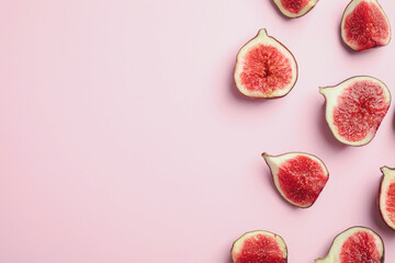 Delicious ripe figs on pink background, flat lay. Space for text