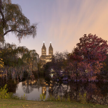 USA, New York, New York City, The San Remo building from Central Park at sunset