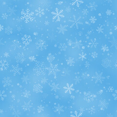 Naklejka na ściany i meble Christmas seamless pattern of snowflakes of different shapes, sizes and transparency, on light blue background