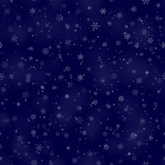 Fototapeta na wymiar Christmas seamless pattern of snowflakes of different shapes, sizes and transparency, on dark blue background