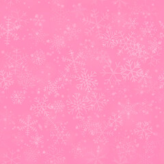 Christmas seamless pattern of snowflakes of different shapes, sizes and transparency, on pink background