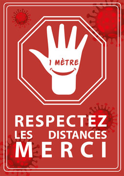 affiche pour respecter les distances de sécurité à cause du coronavirus ou de la covid 19 de 1 mètre en blanc représenté par une main dans un hexagone sur un fond rouge avec des virus