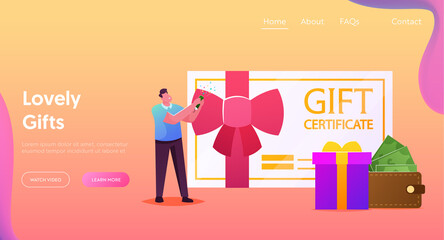 Customers Care and Loyalty Program Landing Page Template. Tiny Buyer Character at Huge Certificate, Gift Box and Wallet